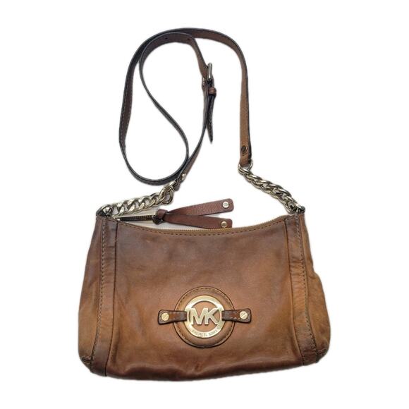 Michael Kors Purse Hand Bag Brown Cognac Leather Crossbody Gold Chain - Picture 1 of 16